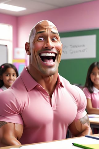 Dwayne Johnson with smile very big funny head and wearing girls pink dress standing in class room faceing students white board in her background, and chick image in whiteboard, 32k, 3d render, hd, highlidetailed