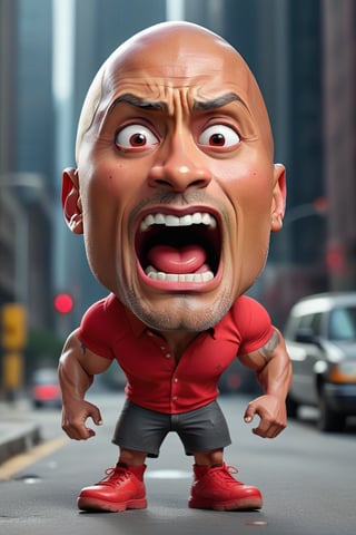 Dwayne johnson is runny with his big head and big face and tiny legs wearing red shoesis a very funny way with big head and face and tiny body intence scared expression , 32k , hd, fhd, 3d render, highly reaulustion.,3d pixarstyle