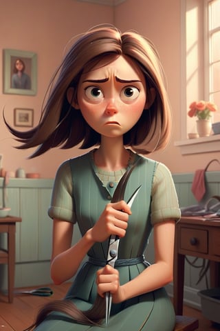 Depict the wife cutting off her long hair herself in a simple room. She looks a bit sad but determined, holding a pair of scissors.
Style: Pixar-style, soft and muted colors to reflect her sacrifice and determination.