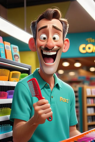 Show the husband purchasing a new comb at a small, simple store. He looks excited and happy, holding the comb as if it is a treasure.
Style: Pixar-style, bright and cheerful colors to reflect the husband’s happiness