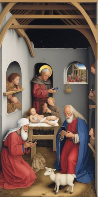 Robert Campin Nativity scene with cellphones, and Santa Claus