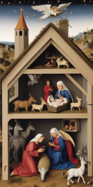 Robert Campin Nativity scene with cellphones, and Santa Claus flying sleigh