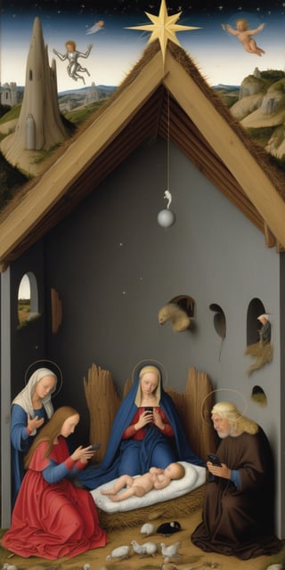 Robert Campin Nativity scene with cellphones and extraterrestrial