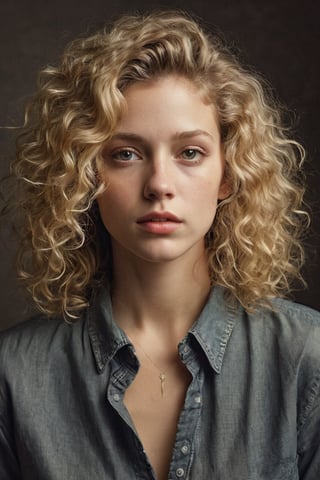 1980s illustration style,portrait of a beautiful 20yo  girl model with blonde curly hair shot, Chiaroscuro Solid colors background, masterpiece, minimalist, epic, hyperrealistic,photorealistic, 
(((Monochrome solid colors)))(((Annie Leibovitz style, by Diane Arbus style)))
