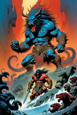 Full body shot of a Hugh Wolf-like beast with weapons, screaming at the barbarian girl in front,  raging, long hair, the arm and shoulder are covered in a very detailed intricate red and blue dragon tattoo,art by Boris Vallejo, extended claws, spit, spittle, blood drops, 16K, movie still, cinematic