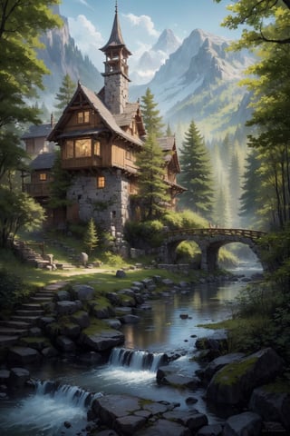 A serene forest scene: a winding mountain path stretches out to a rustic wooden bridge spanning a crystal-clear river. A majestic tree stands tall beside the water's edge, its branches stretching towards the sky. In the distance, a charming mountain house nestles among the trees, with stairs leading up to a secluded retreat. The surrounding landscape is bathed in warm sunlight, casting dappled shadows across the lush forest floor.