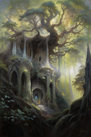 Mystical convergence: A fine art oil painting inspired by Jeffrey Catherine Jones. In the heart of the 'Deep Misery Forest', a crystal temple unfurls its ethereal curves around the gnarled trunk of an ancient Hugh tree. Ambient light whispers secrets to the verdant canopy, as morning's golden hue seeps through the misty veil, casting an otherworldly glow on the forest floor.