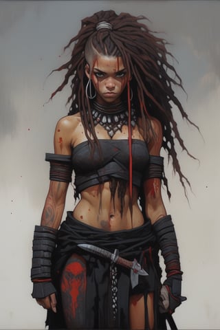 (in the style of Conrad Roset, Nicola Samori), ultra realistic, (arbitrarily beautiful:1.4), full body shot of a sexy war maiden, ember dreadlocked hair, burnt iron bloody spattered tribal armor, holding a dagger, more detail XL