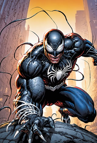 jim lee-style, ultra detailed illustration of venom spider-man, pov, posing, (tetradic colors), inkpunk, ink lines, strong outlines, bold traces, unframed, high contrast, 32k resolution, best quality, (chromatic aberration:1.8),dark,Comic Book-Style 2d,greg rutkowski, full body, Perfect Hands