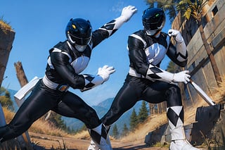 ((masterpiece, best quality)),,BLACKRANGER, 2boys, dutch_angle, white_gloves, mammoth helmet, (athletic body:1.3), fighting_stance, foreshortening, volumetric lighting, dramatic effect, glamorous glow