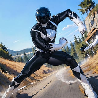 ((masterpiece, best quality)),,BLACKRANGER, dutch_angle, white_gloves, mammoth helmet, (athletic body:1.3), fighting_stance, foreshortening, volumetric lighting, dramatic effect, glamorous glow