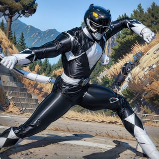 ((masterpiece, best quality)),,BLACKRANGER, dutch_angle, white_gloves, mammoth helmet, (athletic body:1.3), fighting_stance, foreshortening, volumetric lighting, dramatic effect, glamorous glow