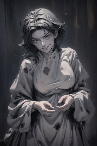 1girl, (best quality), masterpiece, an extremely intricate and beautiful, extremely detailed, 2k wallpaper, Amazing, finely detail, extremely detailed CG unity 8k wallpaper, ultra-detailed, highres, soft light,Wolf_Cut, medium black hair, (pale skin:1.5), ghost woman wearing dirty long white cloth, long sleeves, big evil grin, ghostly face, ghost costume, red eyes, (dark lighting:1.3), (dark room_background:1.6),dirty, evil expression, dynamic pose,ghost,ghost costume, big breast