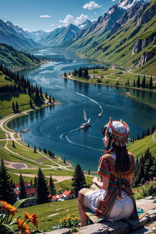 masterpiece, best quality, High resolution, anime style, View looking down from the top of the mountain, (Back view of a girl sitting on top of a mountain), (wearing a white dress and feather headress), mountain flowers are blooming around her, in the valley ahead is a large lake, ((There is a large inca temple on the other side of the lake)), around the lake is a meadow with a forest of use trees and settlements in places, 
