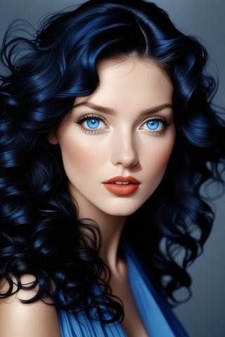 Beautiful Woman, realistic blue eyes, black wavy hair, Photorealistic, Detailed, Professional Photography, Natural Lighting, city at night,  Richard Avedon, style, complex, elegant 