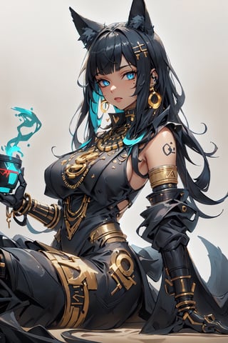 masterpiece, ultra hd, 8k,hdr, dynamic , blue eyes , hyper realistic, detailed background, finely detailed_body, big_boobs , fullbody,1girl, very long hairstyle, (dark blue hair color:1.2), (bright eyes:1.1), | symetrical crown, egyptian, egyptian clothes , egypt godess ,egypt , hecate , fox_ears , seethru , Animal ear, perfecteyes , ,Detailedface,Detailedeyes,mechanical_arms,cybernetic_enhancements,GlowingRunes_yellow,dessert,sand,ActionFigureQuiron style,Cyber_Egypt,Building_Egyptian