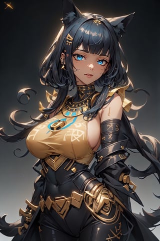 masterpiece, ultra hd, 8k,hdr, dynamic , blue eyes , hyper realistic, detailed background, finely detailed_body, big_boobs , fullbody,1girl, very long hairstyle, (dark blue hair color:1.2), (bright eyes:1.1), | symetrical crown, egyptian, egyptian clothes , egypt godess ,egypt , hecate , fox_ears , seethru , Animal ear, perfecteyes , ,Detailedface,Detailedeyes,mechanical_arms,cybernetic_enhancements,GlowingRunes_yellow,dessert,sand,ActionFigureQuiron style,Cyber_Egypt,Building_Egyptian