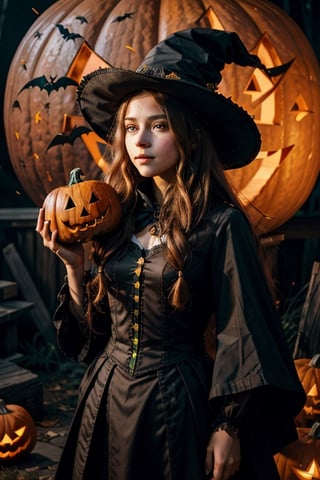 a girl with a halloween costume and a wizard hat holding a halloween pumpkin,masterpiece,{{{best quality}}},(illustration)),{{{extremely detailed CG unity 8k ,Brilliant light,cinematic lighting,long_focus}}},20 yo girl,wavy long hair,blonde hair, green eyes, European-style adventurer clothing, illustration, Sinopia colour ,full_body , looking_at_viewer,Leonardo Style, halloween_2020,fate_stay_night ,caturadef,anime,bloody sword ,weapon, killing innocet cute chickens,midjourney