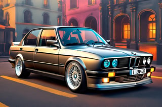 Neo-Rococo, Retro-themed illustration, (Gunmetal Grey BMW E30 Mtech:1.3) with a vintage twist, (Old-school cool:1.3), (Classic lines:1.2), (Nostalgic charm:1.2), BREAK, (backdrop backdrop:1.3), (Retro vibes:1.3), (Neon signs:1.2), (Vibrant atmosphere:1.2), Created with a retro touch, Timeless color palette, Distinctive details, curved forms, naturalistic ornamentation, elaborate, decorative, gaudy, Neo-Rococo, volumetric, fog, smoke
,steampunk style,DonMCyb3rN3cr0XL 