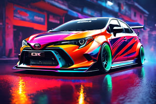 (digital artwork), Toyota Corolla DX , wide body kit, modified car, racing livery, rainingmasterpiece, best quality, realistic, ultra highres, depth of field,(full dual colour neon lights:1.2), (hard dual colour lighting:1.4), (detailed background), (masterpiece:1.2), (ultra detailed), (best quality), intricate, comprehensive cinematic, magical photography, (gradients), colorful, detailed landscape, visual key,