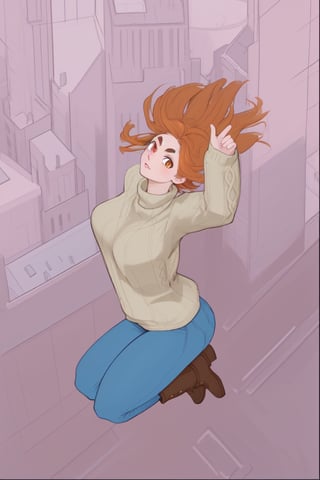 Young lady jump in the air [Orange_hair, no fringe][lightbrown_eyes, thick eyebrows], clothes [Pink_sweater, blue_jeans, brown boots]. View from above. In NYC streets