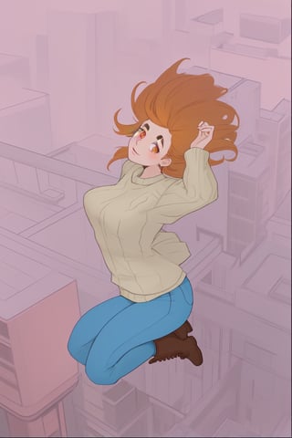 Young lady jump in the air [Orange_hair, no fringe][lightbrown_eyes, thick eyebrows], clothes [Pink_sweater, blue_jeans, brown boots]. View from above. In NYC streets