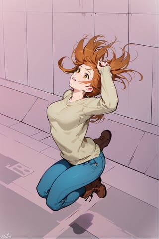 Young lady jump in the air [Orange_hair, no fringe][lightbrown_eyes], clothes [Pink_sweater, blue_jeans, brown boots]. View from above. In NYC streets