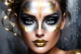 silver and gold, abstract nude beauty, realistic beautiful woman, painted face and body, metalic glitter, face and upper body portrait,DonML1quidG0ldXL ,more detail XL,(PnMakeEnh)