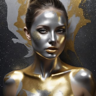 silver and gold, abstract nude beauty, realistic beautiful woman, painted face and body, metalic glitter, face and upper body portrait,DonML1quidG0ldXL ,more detail XL