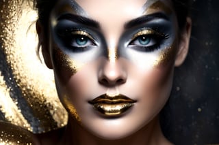 silver and gold, abstract nude beauty, realistic beautiful woman, painted face and body, metalic glitter, face and upper body portrait,DonML1quidG0ldXL ,more detail XL,(PnMakeEnh)