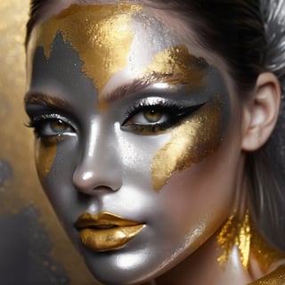 silver and gold, abstract nude beauty, realistic beautiful woman, painted face and body, metalic glitter, face and upper body portrait,DonML1quidG0ldXL ,more detail XL,(PnMakeEnh)