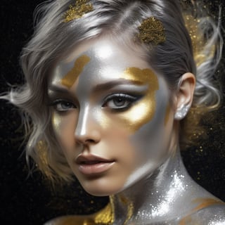 silver and gold, abstract nude beauty, realistic beautiful woman, painted face and body, metalic glitter, face and upper body portrait,DonML1quidG0ldXL ,more detail XL