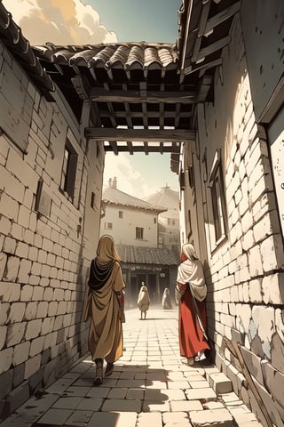 three ancient villages in the center, multiple Israelites walking around in the background, day, peaceful mood, cinematic, dramatic, framing, composition, golden ratio