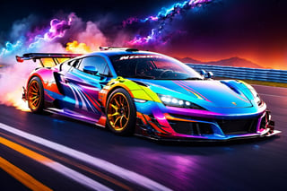 angelic sports car, blue and white colors, bright sky, colorful beautiful mountain, sharp, clouds, detailed car body ,ethereal art, detailed tires, fire scene, more detail, (masterpiece, best quality, ultra-detailed, 8K), race car, street racing-inspired,Drifting inspired, LED, ((Twin headlights)), (((Bright neon color racing stripes))), (Black racing wheels), Wheelspin showing motion, Show car in motion, Burnout,  wide body kit, modified car,  racing livery, masterpiece, best quality, realistic, ultra highres, (((depth of field))), (full dual colour neon lights:1.2), (hard dual color lighting:1.4), (detailed background), (masterpiece:1.2), (ultra detailed), (best quality), intricate, comprehensive cinematic, magical photography, (gradients), glossy, Night with galaxy sky, Fast action style, fire out of tail pipes, Sideways drifting in to a turn, Neon galaxy metalic paint with race stripes, GTR Nismo, NSX, Porsche, Lamborghini, Ferrari, Bugatti, Ariel Atom, BMW, Audi, Mazda, Toyota supra, Lamborghini Aventador,  aesthetic,intricate, realistic,cinematic lighting, Neon Paint, streaks of fire,c_car,more detail XL,mecha,Concept Cars,DonMPl4sm4T3chXL ,Sexy,vaporwave style,Comic Book-Style 2d