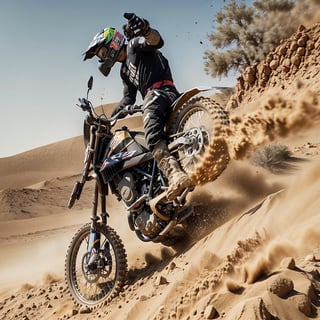 araffe riding a dirt bike in the desert with a lot of dust, dakar motorbike, full of sand and dust, dakar rally footage, dust and sand in the air, dakar, profile shot, sand, dune style, reddit post, off - road, absolutely outstanding image, kicking up dirt, cover shot, by Seb McKinnon, screengrab,photorealistic,Nature