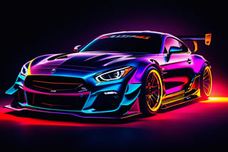 A neon image displaying "
, sharp, detailed car body ,ethereal art, detailed tires, fire scene, (masterpiece, best quality, ultra-detailed, 8K), race car, street racing-inspired, Drifting inspired, LED, ((Twin headlights)), (((Bright neon color racing stripes))), (Black racing wheels), Wheel spin showing motion, Show car in motion, Burnout,  wide body kit, modified car,  racing livery, masterpiece, best quality, realistic, ultra high res, (((depth of field))), (full dual color neon lights:1.2), (hard dual color lighting:1.4), (detailed background), (masterpiece:1.2), (ultra detailed), (best quality), intricate, comprehensive cinematic, magical photography, (gradients), glossy, Fast action style, fire out of tail pipes, Sideways drifting in to a turns, Neon galaxy metalic paint with race stripes,"