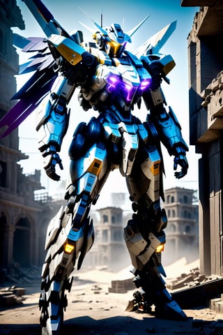 ((Best Quality)), ((Masterpiece)), (Very Detailed:1.3), 3D, Shitu-mecha,  cyberpunk maskedman with his purple mech in the ruins of a city in the forgotten war, Ancient technology, HDR (High Dynamic Range), ray tracing, NVIDIA RTX, super resolution, unreal 5, subsurface scattering, PBR texture, post-processing, anisotropic filtering, depth of field, maximum sharpness and sharpness, multi-layer texture, albedo and highlight maps, surface shading, Accurate simulation of light-material interactions, perfect proportions, octane rendering, duotone lighting, low ISO, white balance, rule of thirds, wide aperture, 8K RAW, efficient sub-pixels, subpixel convolution, luminescent particles, light scattering, Tyndall effect
