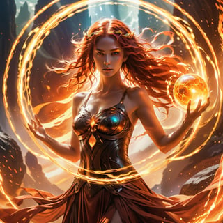 persephone, elemental goddess, charging up elemental energy sphere, showing skills, elden ring, halo, in fire, fiery atmosphere, masterpiece, best quality, realistic, fujifilm gfx 100, UHD
