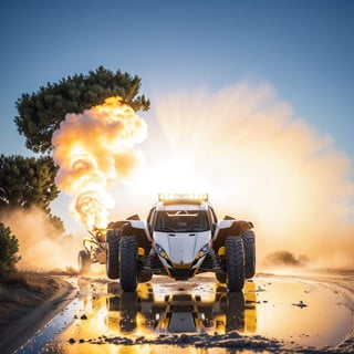 there is a yellow and black vehicle parked on a gravel road, with octane, octane rander, octane 1 2 8 k, buggy, front shot, octane 8k, octane 8 k, ready, octane 8, 1128x191 resolution, octa 8k, long front end, 8k!, trophy truck, off - road