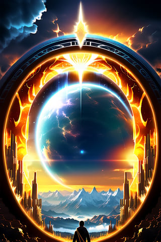 person, standing in front of a space portal overlooking the sun, Cyril Rolando and Goro Fujita, A portal to another universe, inspired by Cyril Rolando, Portal to another dimension, world, visible only through the portal, high quality fantasy stock photo, Portal to another world, Portal to outer space, in the style of Cyril Rolando,  Looking into space, universe, Magical Galactic Portal, The Cycle of the Stars, God,DonMD34thM4g1cXL