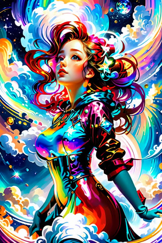 colorful,  ultra highly detailed,  32 k,  Fantastic Realism complex background,  deep rich colors,  ultra detailed,  intricate details,  fantasy concept art,  dynamic lighting,  lights,  digital painting,  intricated pose,  highly detailed intricated,  stunning,  textures,  iridescent and luminescent scUltra-High Definition AI Drawings,Girl, Cloud, Colorful, Masterpiece, Galaxy background