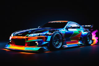 A neon image displaying "
, sharp, detailed car body ,ethereal art, detailed tires, fire scene, (masterpiece, best quality, ultra-detailed, 8K), race car, street racing-inspired, Drifting inspired, LED, ((Twin headlights)), (((Bright neon color racing stripes))), (Black racing wheels), Wheel spin showing motion, Show car in motion, Burnout,  wide body kit, modified car,  racing livery, masterpiece, best quality, realistic, ultra high res, (((depth of field))), (full dual color neon lights:1.2), (hard dual color lighting:1.4), (detailed background), (masterpiece:1.2), (ultra detailed), (best quality), intricate, comprehensive cinematic, magical photography, (gradients), glossy, Fast action style, fire out of tail pipes, Sideways drifting in to a turns, Neon galaxy metalic paint with race stripes,"