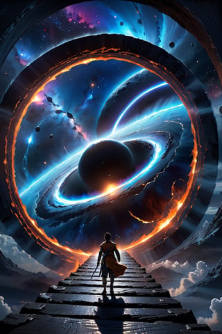 (best quality:1.3),(masterpiece:1.15), (ultra-detailed:1.26), (4k res), A man walks towards a black hole, with a dramatic, cinematic and epic fantasy vibe. The scene depicts a portal to an isekai, with a dark, backlit atmosphere and a gravity-defying interpretation of deep space