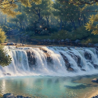 (((Watter fall in day time)), (hyper-detailed scenery:1.5), (sharpen details:1.2), high detail, Hyperrealism, wide shot, masterpiece, super detail, award winning, highres, 4K, best quality, Nature,Perfect dramatic lighting,firefliesfireflies