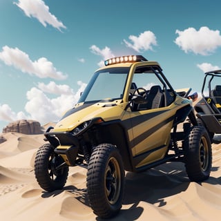 there is a yellow and black buggy parked in the sand, tesla dune buggy, buggy, octane 4 k render, octane 4k render, octane 8k render, octane 8 k render, octane highly render, 8k octane render photorealistic, octane render 8 k hd, hyperealistic octane render, realistic octane render, realistic. octane render, photo realistic octane render