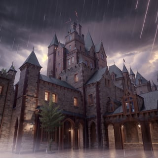 (((A midevel castle in a a rain storm lighting streatching across the sky while rain falls)), (hyper-detailed scenery:1.5), (sharpen details:1.2), high detail, Hyperrealism, wide shot, masterpiece, super detail, award winning, highres, 4K, best quality, Nature,
