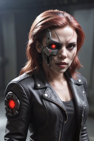 Scarlett Johanson as the Terminator T800, small visible parts of the metal skull,  mechanical skin, a black leather jacket, and only one eye glows red