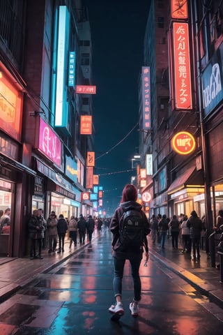 Dreampolis, hyper-detailed digital illustration, cyberpunk, single girl with techsuite hoodie and headphones in the street, neon lights, lighting bar, city, cyberpunk city, film still, backpack, in megapolis, pro-lighting, high-res, masterpiece,Wonder of Art and Beauty