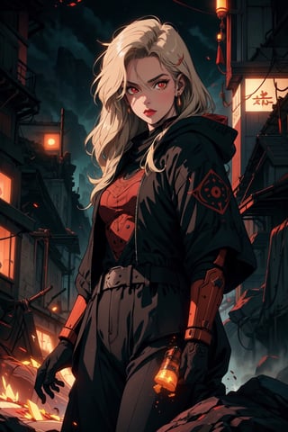 Create an image of a mechanized warlock in a dystopian city. The figure is clad in dark robes with a hood, glowing red eyes, and intricate armor that fuses technology and arcane symbols. The environment is dark, lit by the glow of the warlock's armor and the distant city lights. focus on high detail and contrast, with a balance between the fantastical elements and the grounded, realistic textures.,retro,android17,emma sekiro