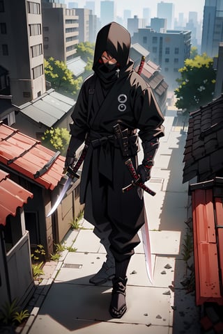 A mysterious and skilled ninja, clad in black from head to toe. Their face is hidden behind a mask, and their eyes are sharp and observant. They are armed with a variety of ninja weapons, including a katana sword, throwing stars, and kunai knives. The ninja is standing on a rooftop, overlooking a bustling cityscape. They are ready to strike at any moment.,kirito_ggo,android17